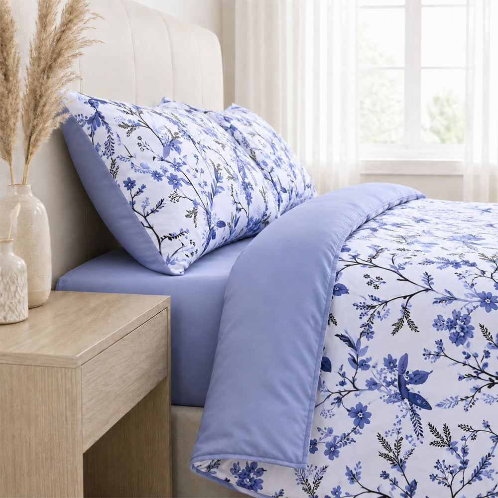 Livemore Set of 4: Reversible Printed Bedding Sheet Set - inc. Deep Fitted Sheet, Duvet Cover & 2 x Pillowcases (Double, 200 x 200 cm) - Blue_8314297_1