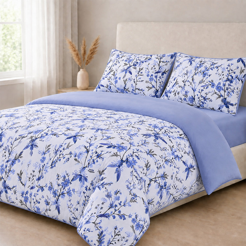 Livemore Set of 4: Reversible King Size Printed Bedding Sheet Set - inc. Deep Fitted Sheet, Duvet Cover & 2 x Pillowcases (225 x 220 cm) - Blue_8314298