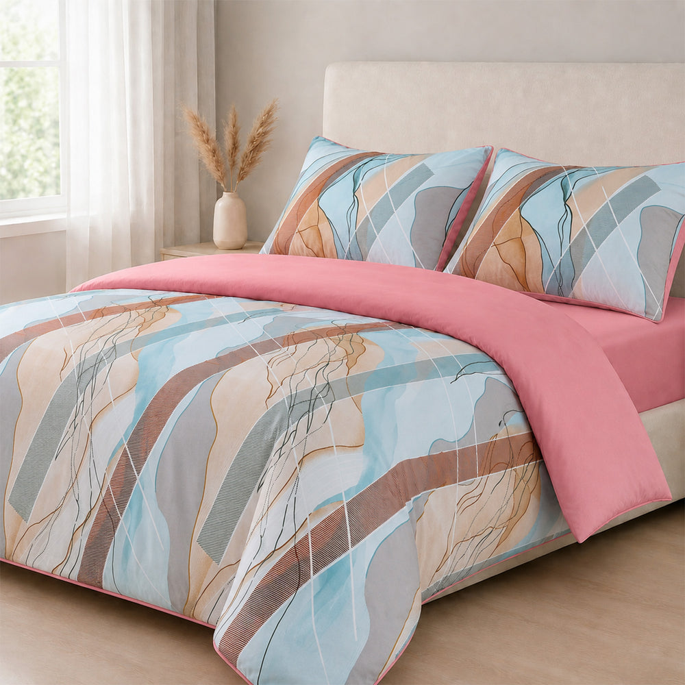 Livemore Set of 4: Reversible Printed Bedding Sheet Set - inc. Deep Fitted Sheet, Duvet Cover & 2 x Pillowcases (Double, 200 x 200 cm) - Pink_8314302