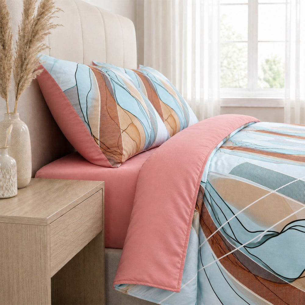 Livemore Set of 4: Reversible Geometric King Size Bedding Sheet Set - inc. Deep Fitted Sheet, Duvet Cover & 2 x Pillowcases (225 x 220 cm) - Pink_8314303_1
