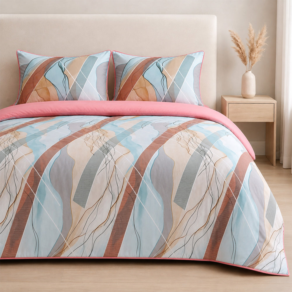 Livemore Set of 4: Reversible Geometric King Size Bedding Sheet Set - inc. Deep Fitted Sheet, Duvet Cover & 2 x Pillowcases (225 x 220 cm) - Pink_8314303_2