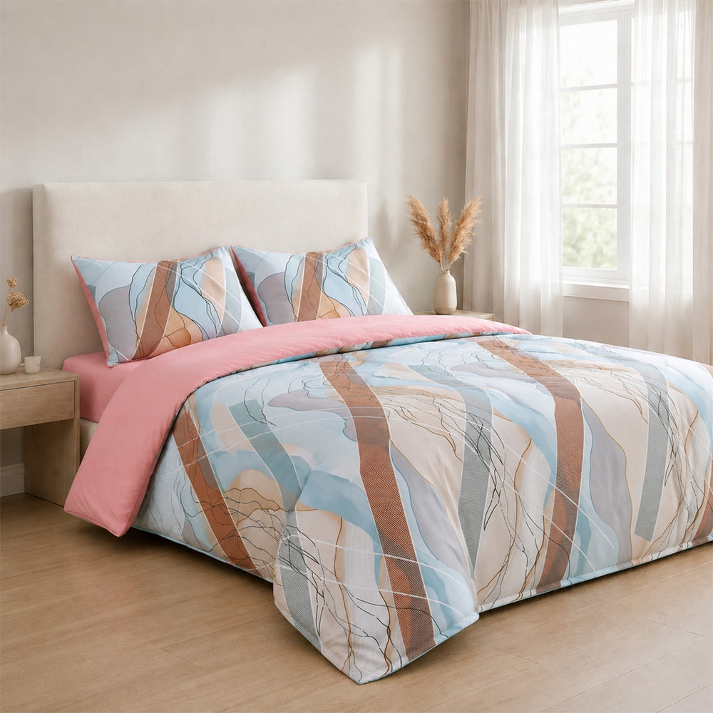 Livemore Set of 4: Reversible Geometric King Size Bedding Sheet Set - inc. Deep Fitted Sheet, Duvet Cover & 2 x Pillowcases (225 x 220 cm) - Pink_8314303_3