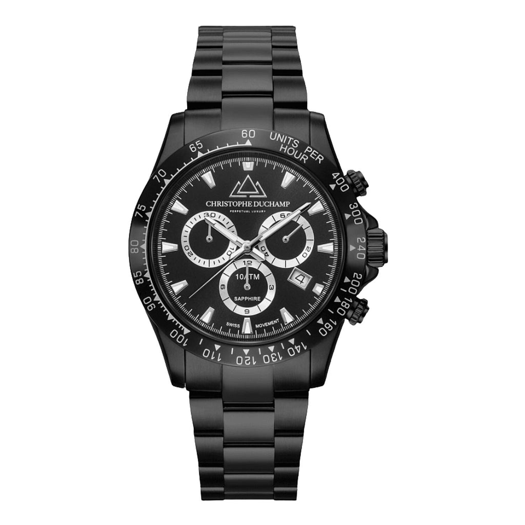CHRISTOPHE DUCHAMP Swiss Quartz Chronograph 10ATM Black Dial Mens Watch with Stainless Steel Strap