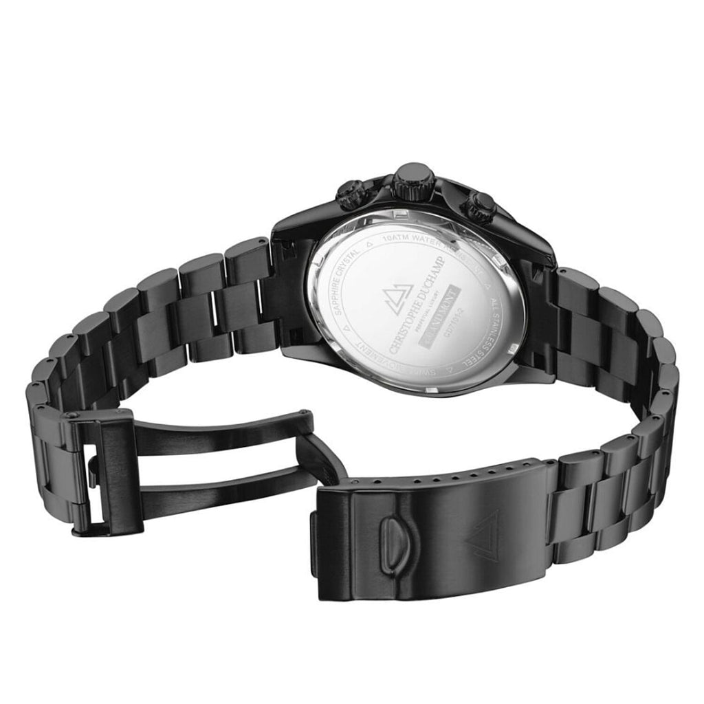CHRISTOPHE DUCHAMP Swiss Quartz Chronograph 10ATM Black Dial Mens Watch with Stainless Steel Strap