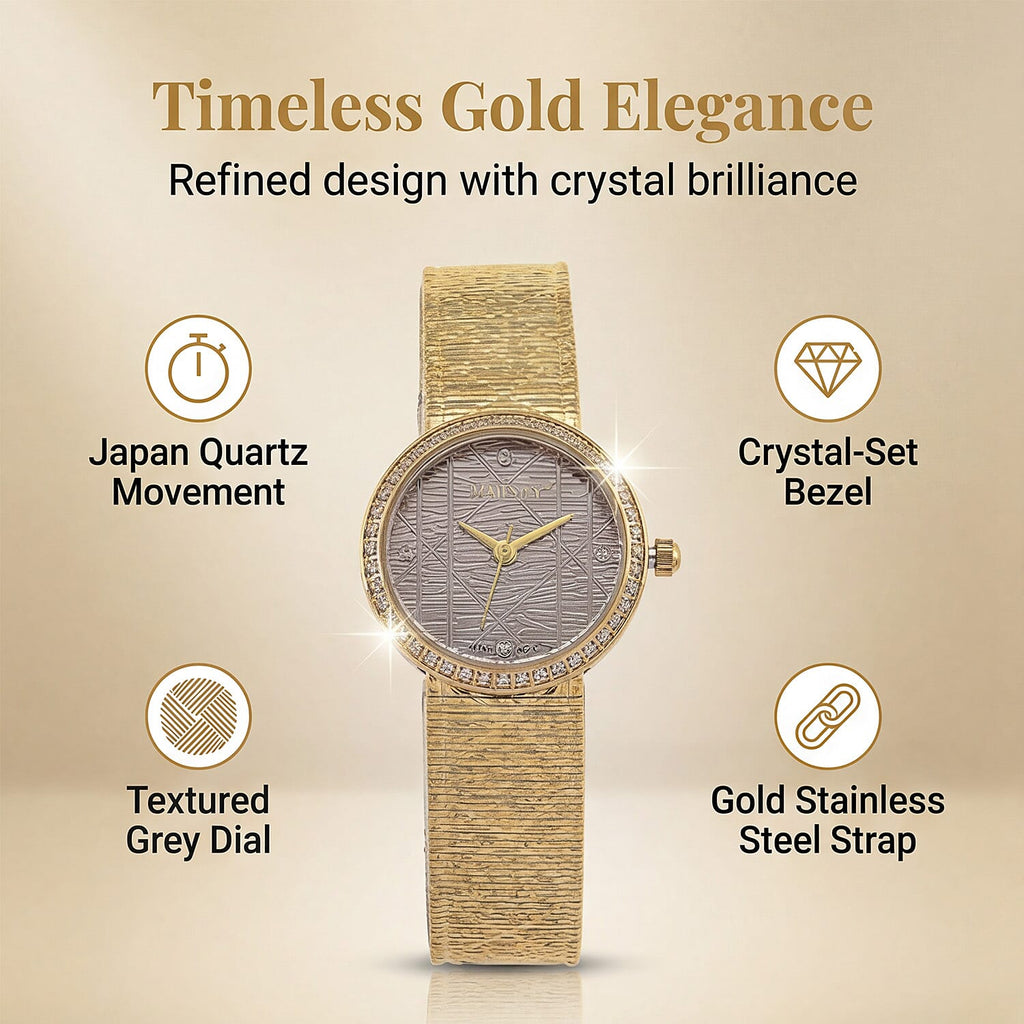 MAJESTY Quartz 7T35 Japan Movement 3ATM WR Grey Hydraulic - Crystal Dial - Gold CZ Case Ladies Watch with Gold Stainless Steel Strap