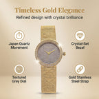 MAJESTY Quartz 7T35 Japan Movement 3ATM WR Grey Hydraulic - Crystal Dial - Gold CZ Case Ladies Watch with Gold Stainless Steel Strap