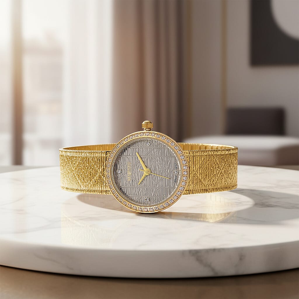 MAJESTY Quartz 7T35 Japan Movement 3ATM WR Grey Hydraulic - Crystal Dial - Gold CZ Case Ladies Watch with Gold Stainless Steel Strap