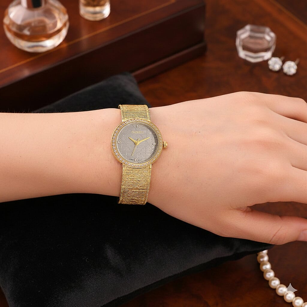 MAJESTY Quartz 7T35 Japan Movement 3ATM WR Grey Hydraulic - Crystal Dial - Gold CZ Case Ladies Watch with Gold Stainless Steel Strap