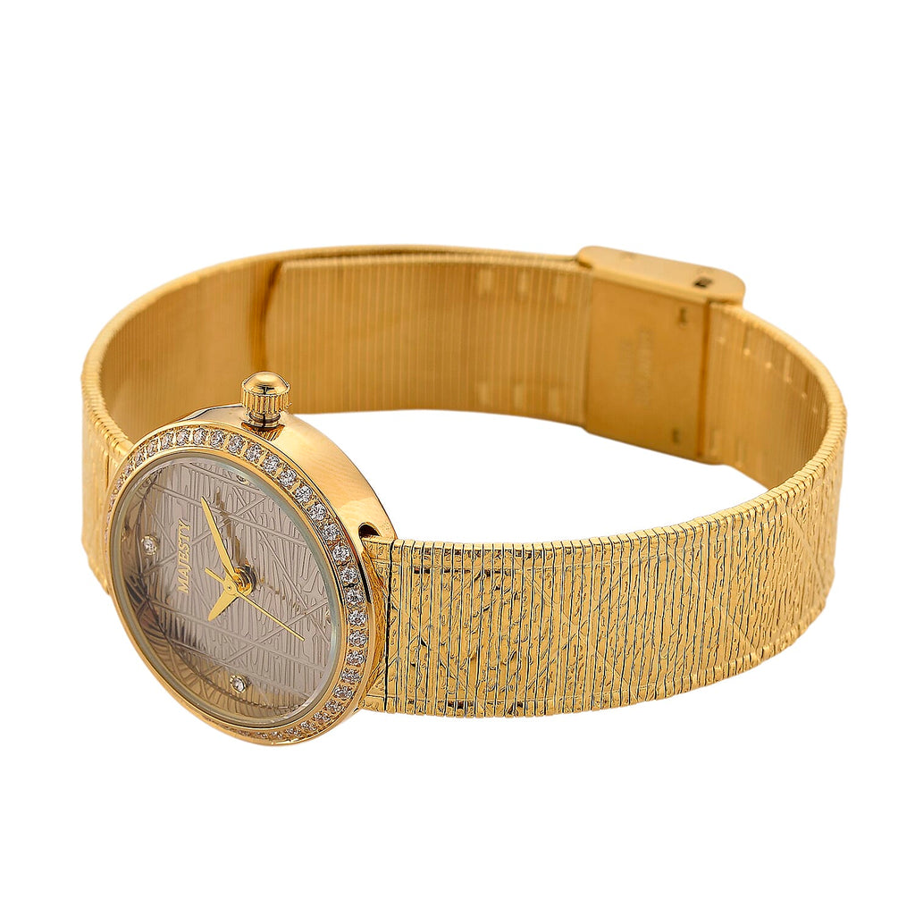 MAJESTY Quartz 7T35 Japan Movement 3ATM WR Grey Hydraulic - Crystal Dial - Gold CZ Case Ladies Watch with Gold Stainless Steel Strap