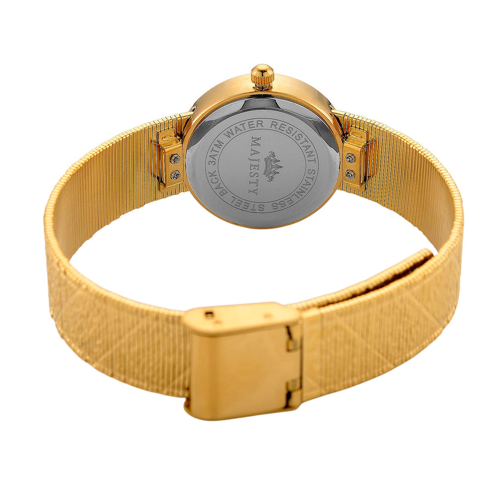 MAJESTY Quartz 7T35 Japan Movement 3ATM WR Grey Hydraulic - Crystal Dial - Gold CZ Case Ladies Watch with Gold Stainless Steel Strap