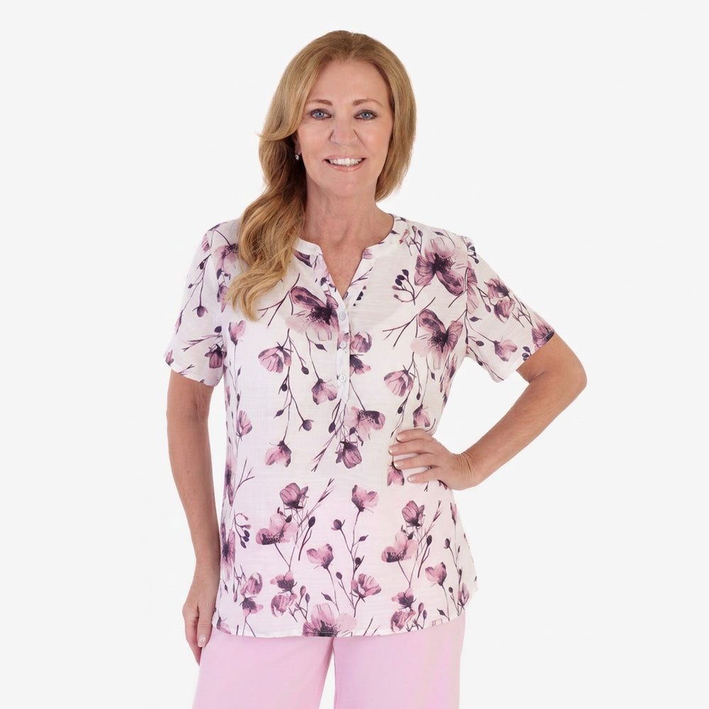 Anamor Printed Granded Collar Short Sleeve Blouse (Size L) - Pink_8349647