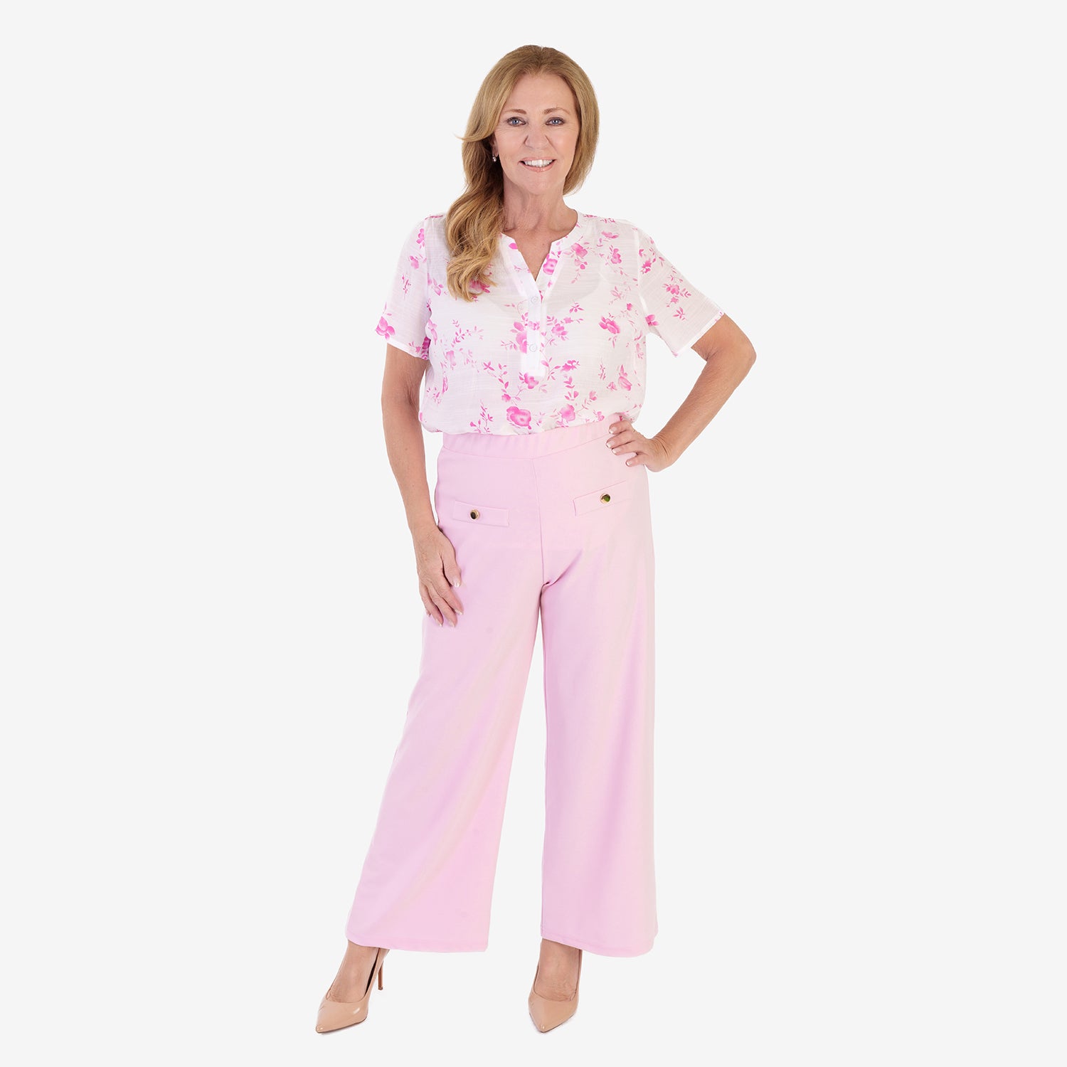 Anamor Printed Granded Collar Short Sleeve Blouse (Size L) - Pink_8349647_1