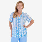 Anamor Printed Granded Collar Short Sleeve Blouse (Size L) - Blue_8349651