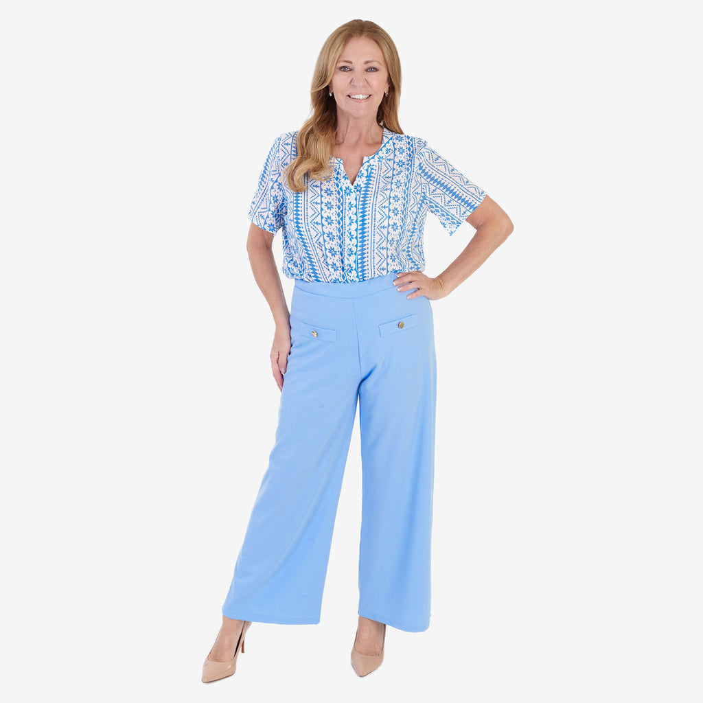 Anamor Printed Granded Collar Short Sleeve Blouse (Size S) - Blue_8349653_1