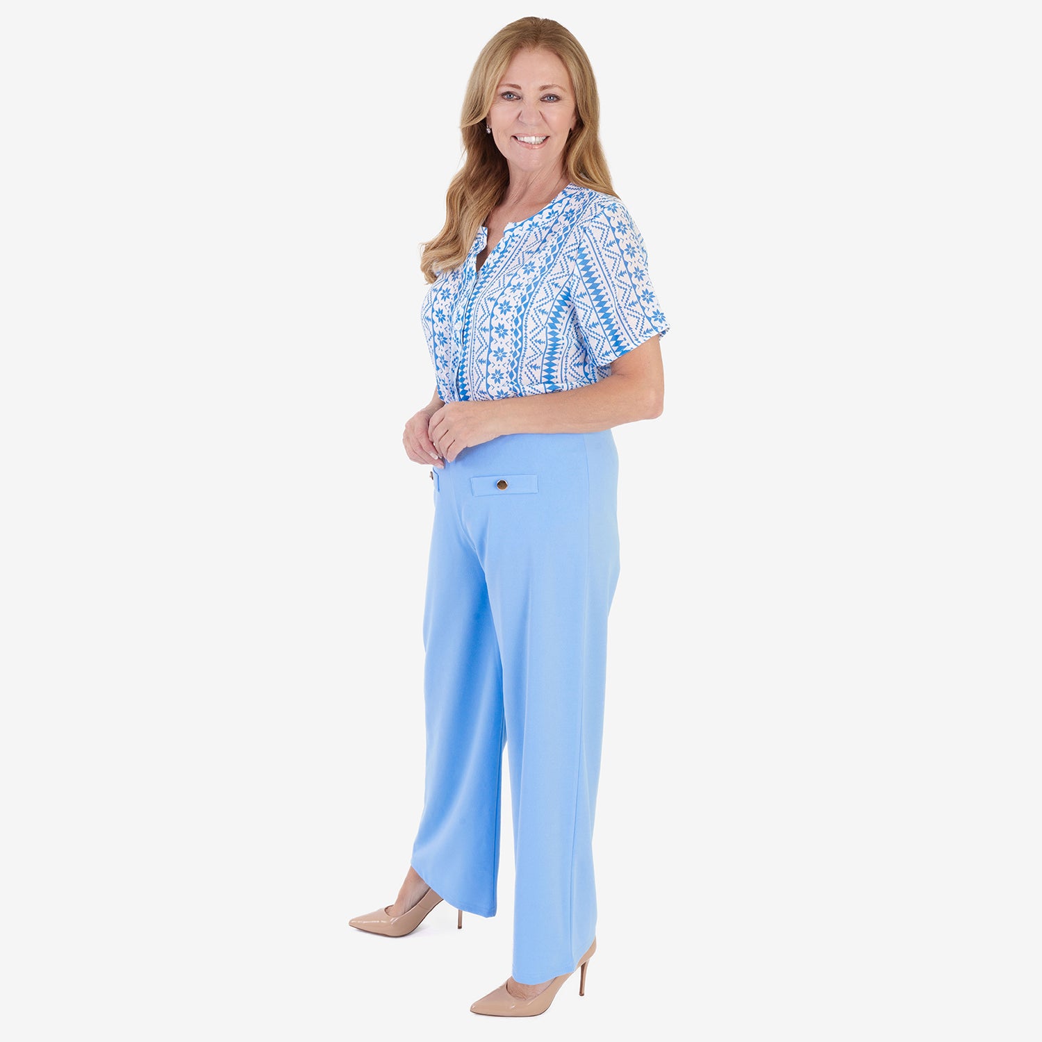 Anamor Crepe Trousers With Centre Button Detail & 27 Inch Leg (Size 12) - Blue_8349746_1