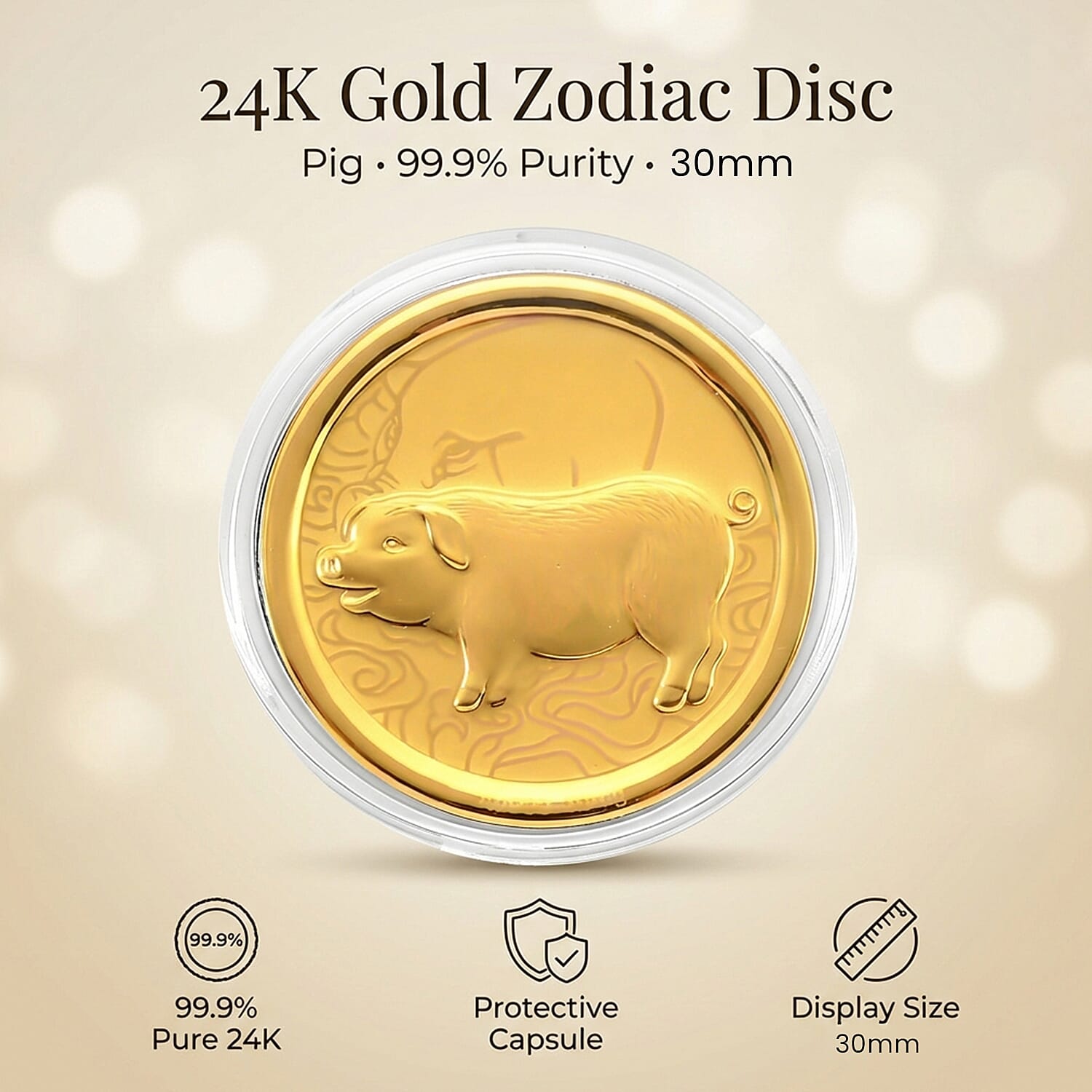 24K Yellow Gold (99.9% Purity) Chinese Zodiac Disc (30mm) - Pig