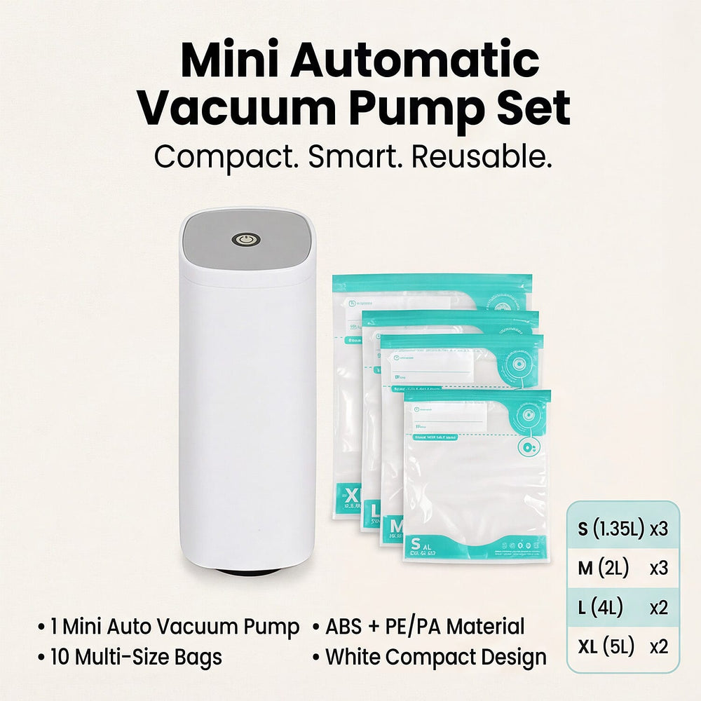 Mini Automatic Vacuum Food Sealer Pump with 10 Reusable Vacuum Bags - White