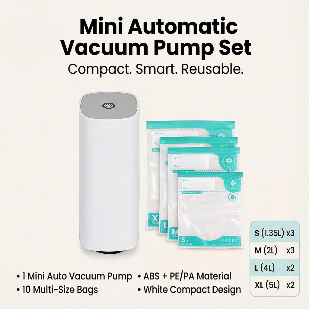 Mini Automatic Vacuum Food Sealer Pump with 10 Reusable Vacuum Bags - White