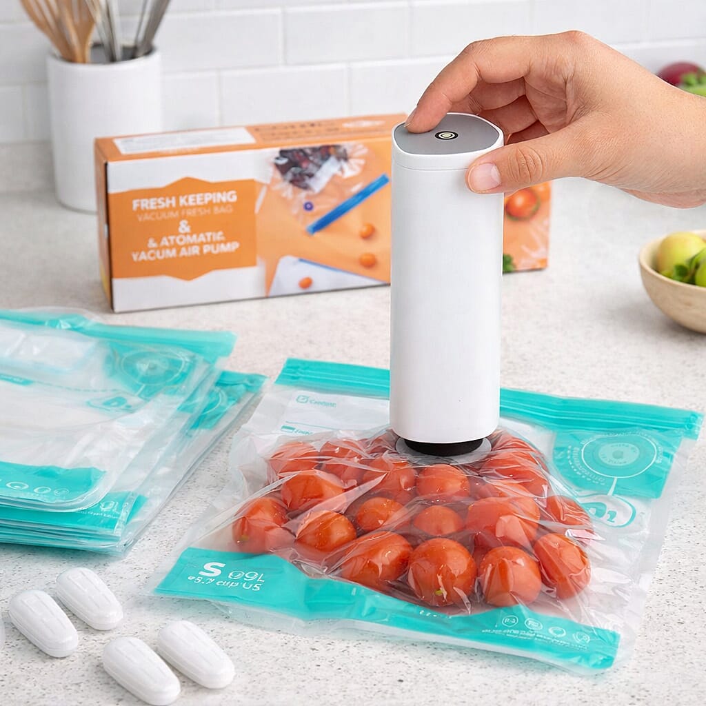 Mini Automatic Vacuum Food Sealer Pump with 10 Reusable Vacuum Bags - White