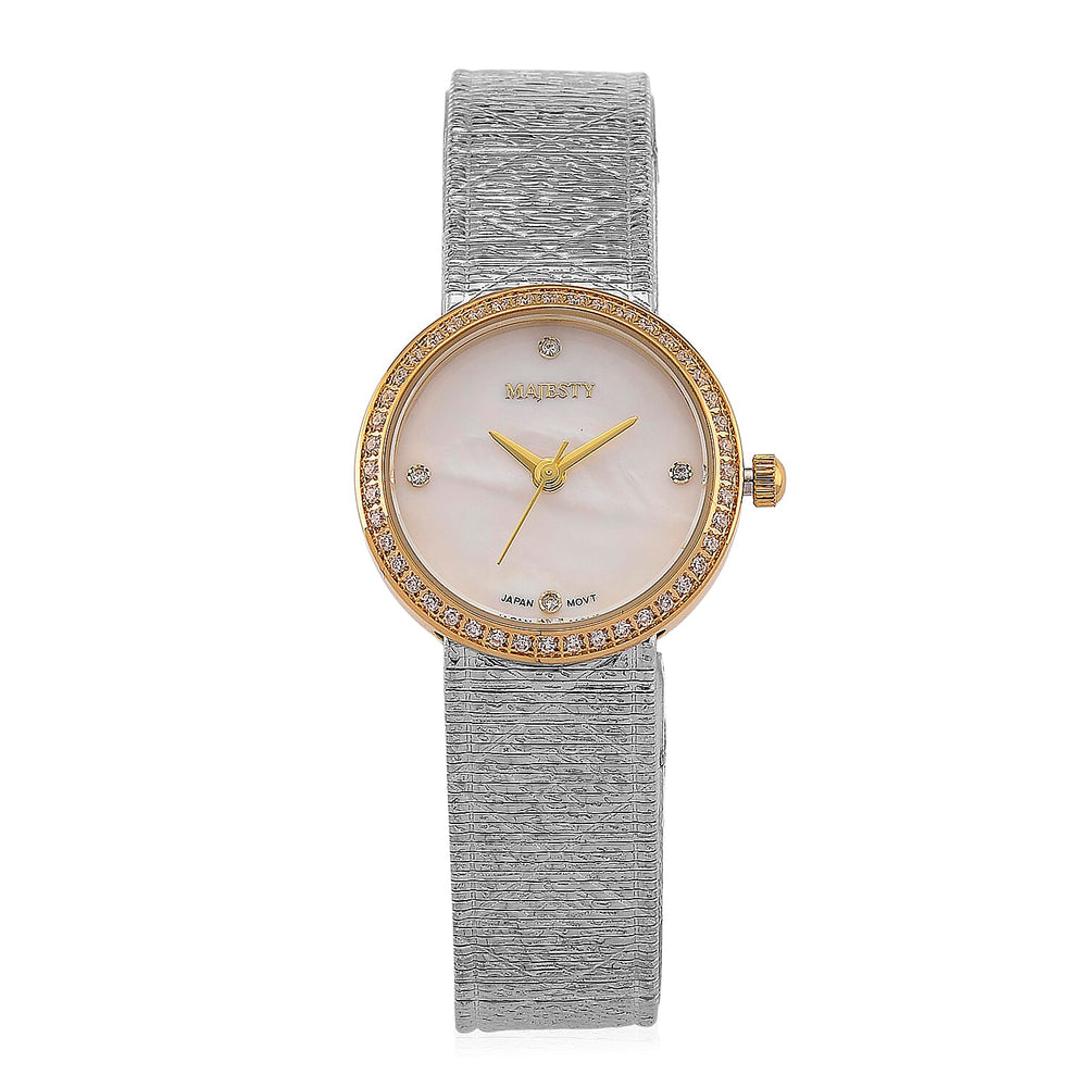 LOWEST EVER-MAJESTY Quartz 7T35 Japan Movement 3ATM WR White MOP - Crystal Dial - Two-Tone CZ Case Ladies Watch with Two-Tone Stainless Steel Strap