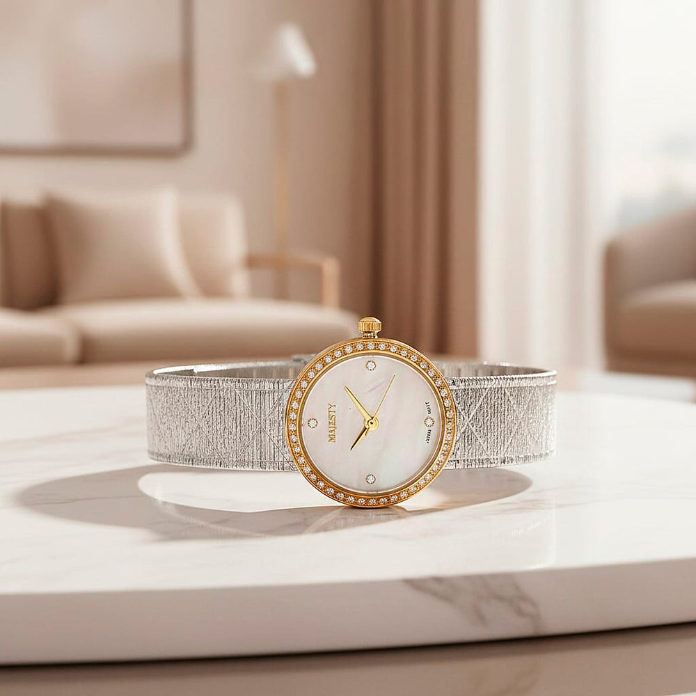 LOWEST EVER-MAJESTY Quartz 7T35 Japan Movement 3ATM WR White MOP - Crystal Dial - Two-Tone CZ Case Ladies Watch with Two-Tone Stainless Steel Strap