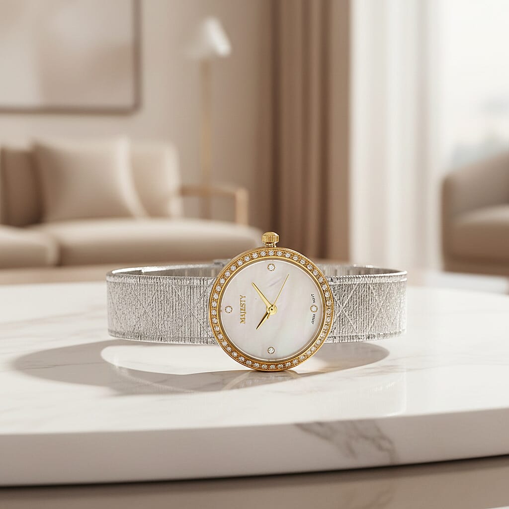 LOWEST EVER-MAJESTY Quartz 7T35 Japan Movement 3ATM WR White MOP - Crystal Dial - Two-Tone CZ Case Ladies Watch with Two-Tone Stainless Steel Strap