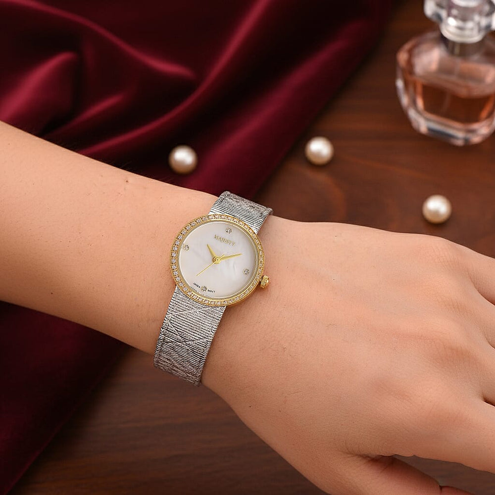 LOWEST EVER-MAJESTY Quartz 7T35 Japan Movement 3ATM WR White MOP - Crystal Dial - Two-Tone CZ Case Ladies Watch with Two-Tone Stainless Steel Strap