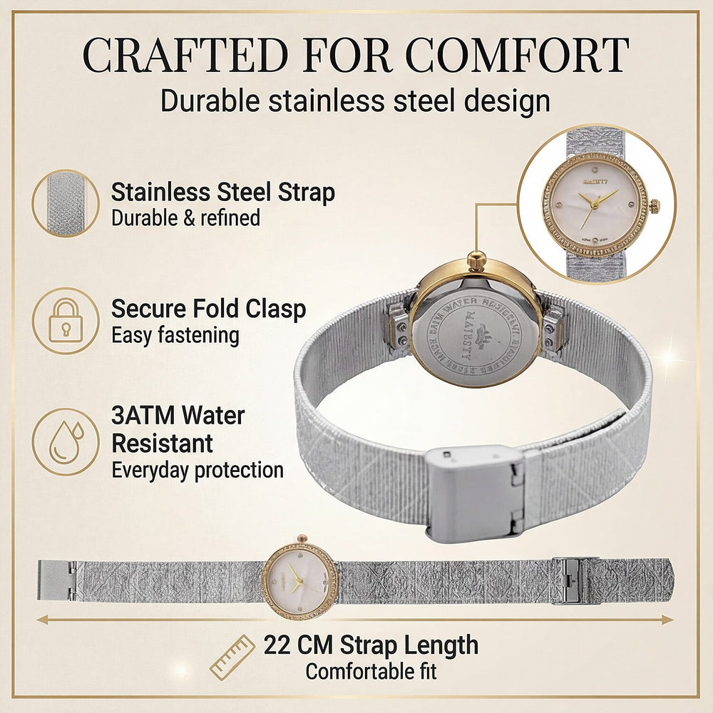 LOWEST EVER-MAJESTY Quartz 7T35 Japan Movement 3ATM WR White MOP - Crystal Dial - Two-Tone CZ Case Ladies Watch with Two-Tone Stainless Steel Strap