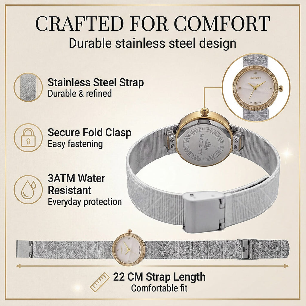 LOWEST EVER-MAJESTY Quartz 7T35 Japan Movement 3ATM WR White MOP - Crystal Dial - Two-Tone CZ Case Ladies Watch with Two-Tone Stainless Steel Strap