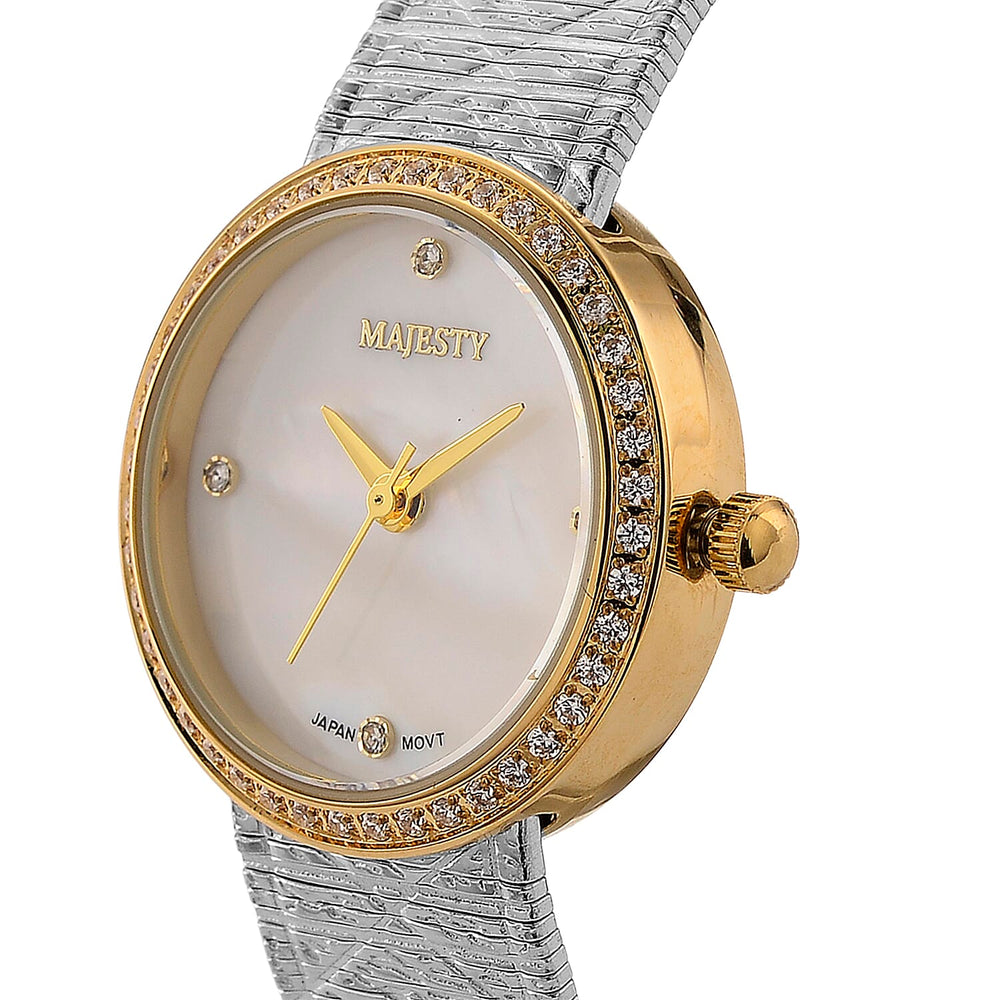 LOWEST EVER-MAJESTY Quartz 7T35 Japan Movement 3ATM WR White MOP - Crystal Dial - Two-Tone CZ Case Ladies Watch with Two-Tone Stainless Steel Strap