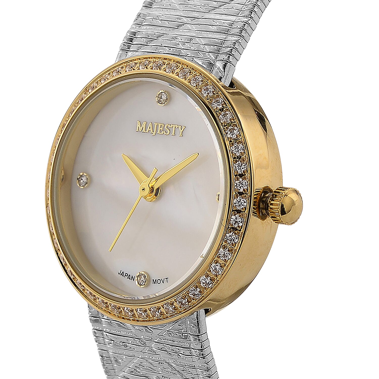 LOWEST EVER-MAJESTY Quartz 7T35 Japan Movement 3ATM WR White MOP - Crystal Dial - Two-Tone CZ Case Ladies Watch with Two-Tone Stainless Steel Strap