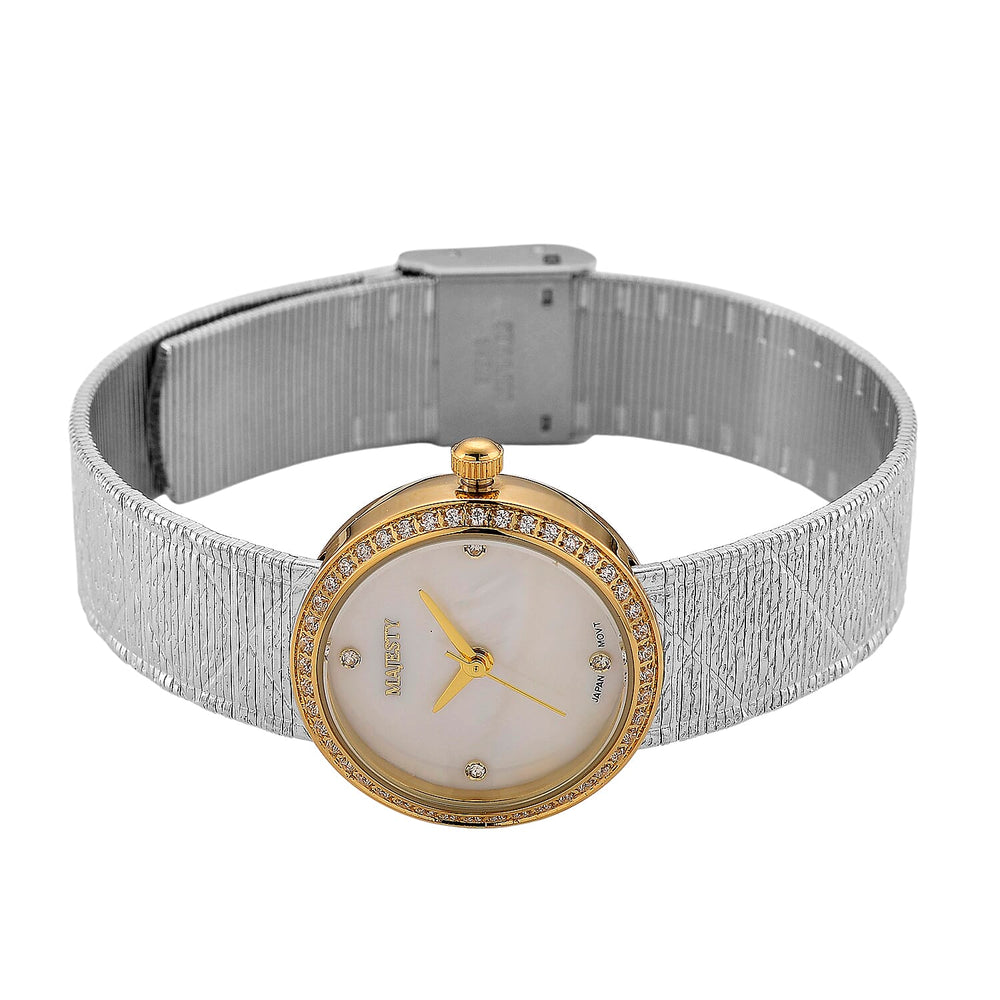 LOWEST EVER-MAJESTY Quartz 7T35 Japan Movement 3ATM WR White MOP - Crystal Dial - Two-Tone CZ Case Ladies Watch with Two-Tone Stainless Steel Strap