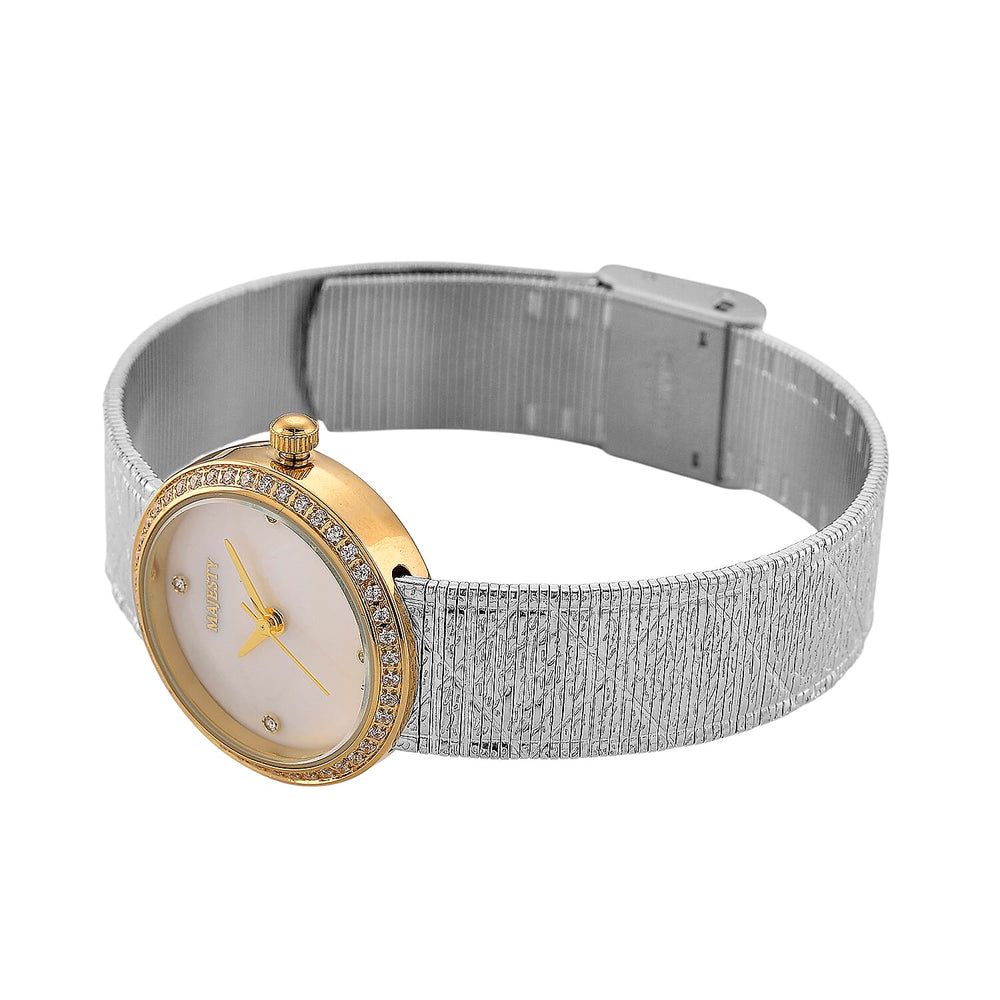 LOWEST EVER-MAJESTY Quartz 7T35 Japan Movement 3ATM WR White MOP - Crystal Dial - Two-Tone CZ Case Ladies Watch with Two-Tone Stainless Steel Strap