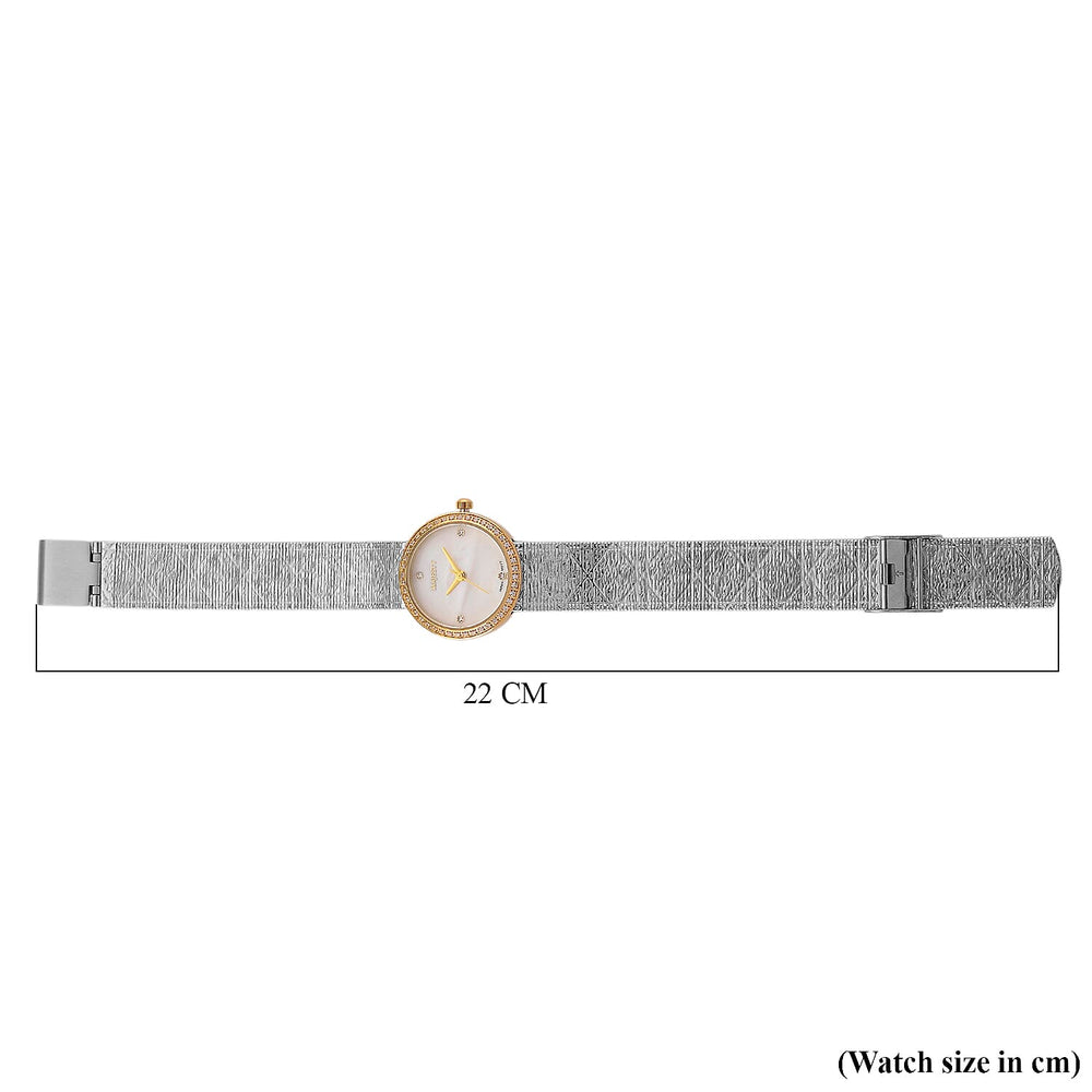LOWEST EVER-MAJESTY Quartz 7T35 Japan Movement 3ATM WR White MOP - Crystal Dial - Two-Tone CZ Case Ladies Watch with Two-Tone Stainless Steel Strap