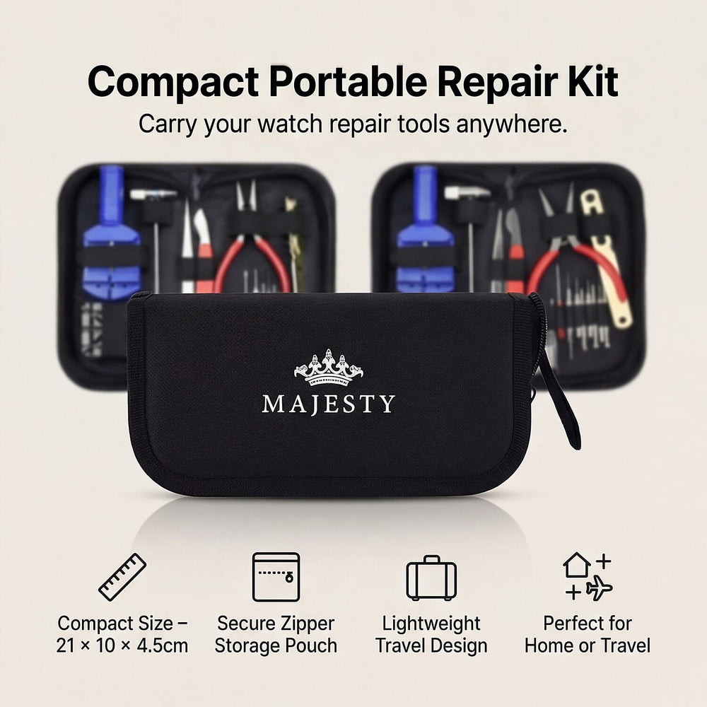 Majesty DIY Watch Repair Tool Kit - Professional Link Remover, Case Opener - Screwdriver Set with 10 Bonus, 626 Batteries and Spare Pins - Black