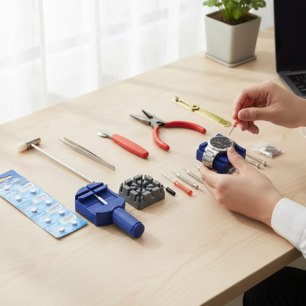 Majesty DIY Watch Repair Tool Kit - Professional Link Remover, Case Opener - Screwdriver Set with 10 Bonus, 626 Batteries and Spare Pins - Black