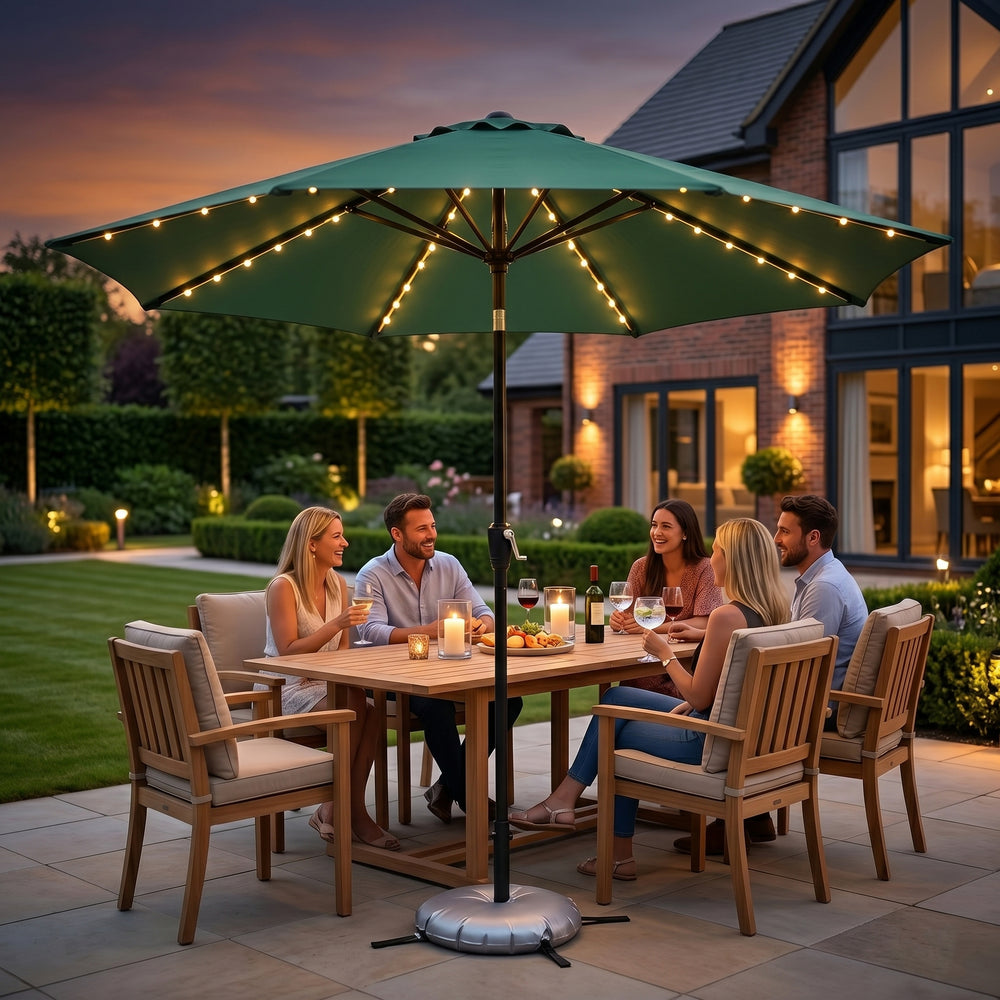 LED Garden Parasol with Tilt & Crank (2.7m) with 24 Warm Solar Light Beads UV30+ protection with reflective, sun-cooling fabric  - Green_8366216_1