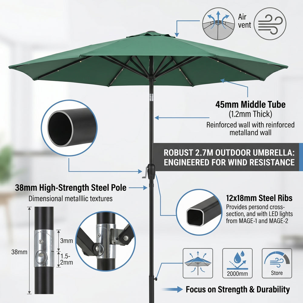LED Garden Parasol with Tilt & Crank (2.7m) with 24 Warm Solar Light Beads UV30+ protection with reflective, sun-cooling fabric  - Green_8366216_5