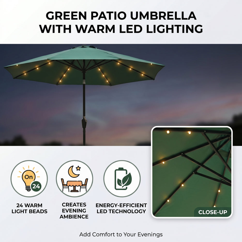 LED Garden Parasol with Tilt & Crank (2.7m) with 24 Warm Solar Light Beads UV30+ protection with reflective, sun-cooling fabric  - Green_8366216_6