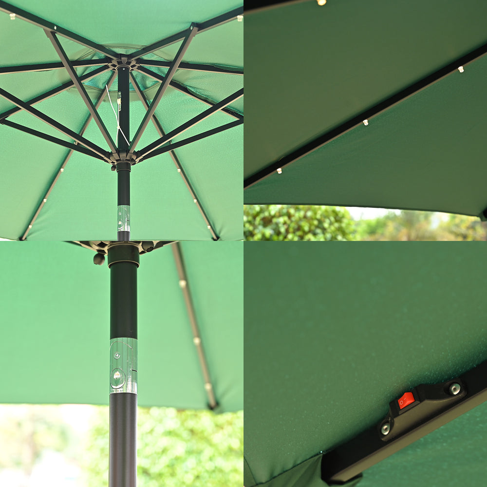 LED Garden Parasol with Tilt & Crank (2.7m) with 24 Warm Solar Light Beads UV30+ protection with reflective, sun-cooling fabric  - Green_8366216_8