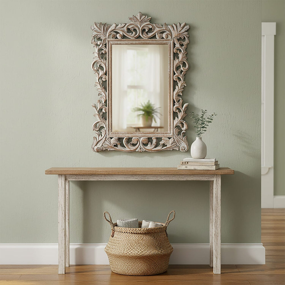 Bliss and Beyond Hand Carved Mirror (45 x 60 cm) - White Antique