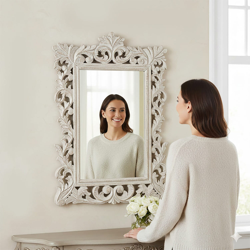 Bliss and Beyond Hand Carved Mirror (45 x 60 cm) - White Antique
