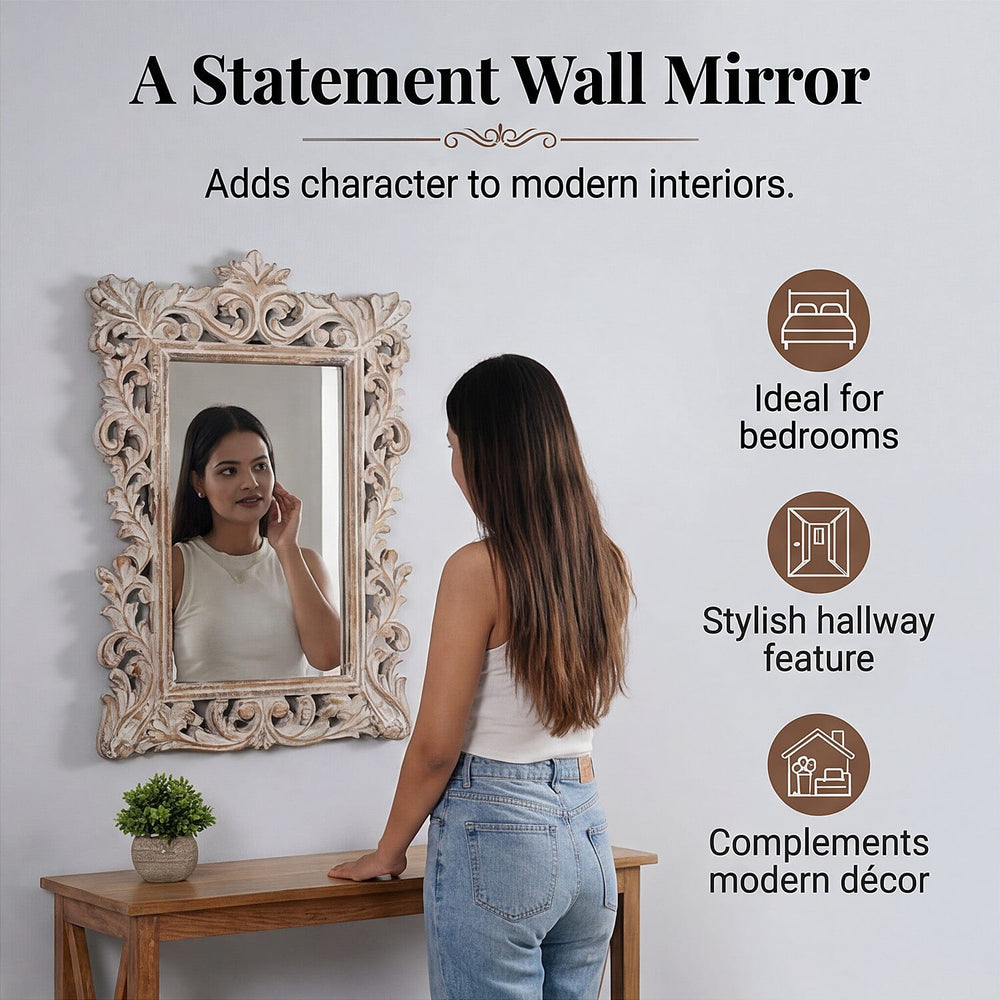 Bliss and Beyond Hand Carved Mirror (45 x 60 cm) - White Antique
