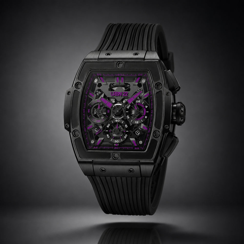 URBN22 Striking Purple Japanese Quartz VD53 Chronograph 5ATM WR Black & Purple Dial & Black Case Mens Watch with Black Silicone Strap_8367922