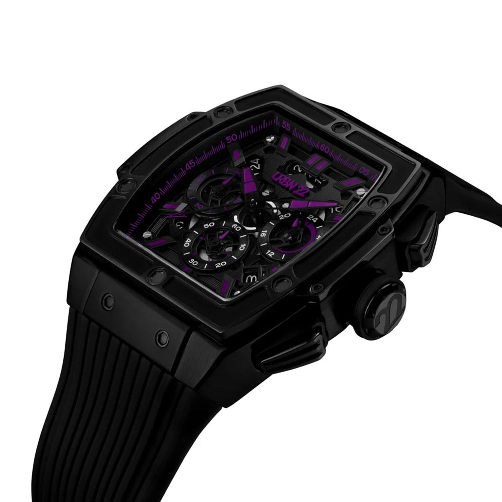 URBN22 Striking Purple Japanese Quartz VD53 Chronograph 5ATM WR Black & Purple Dial & Black Case Mens Watch with Black Silicone Strap_8367922_3