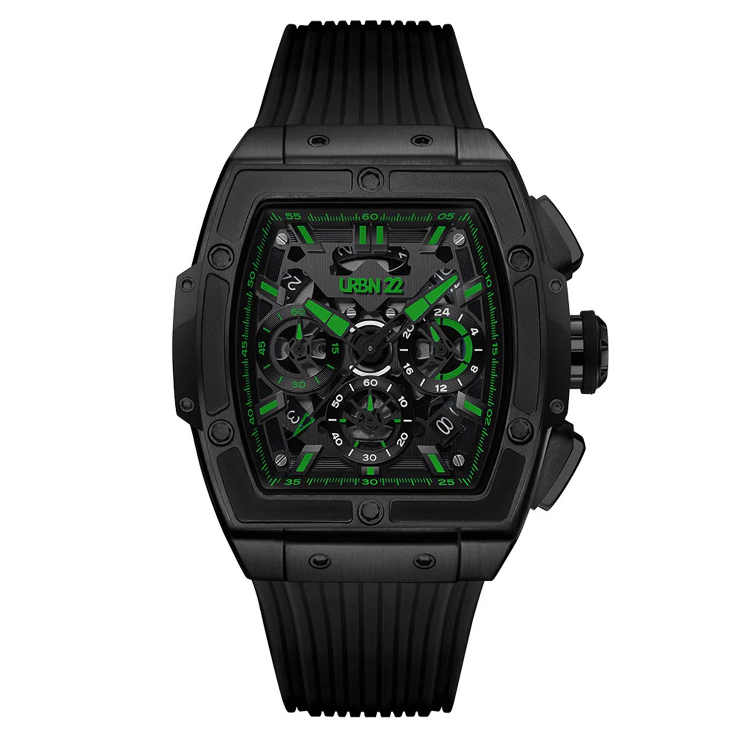 URBN22 Nuclear Green Japanese Quartz VD53 Chronograph 5ATM WR Black & Green Dial & Black Case Mens Watch with Black Silicone Strap_8367933