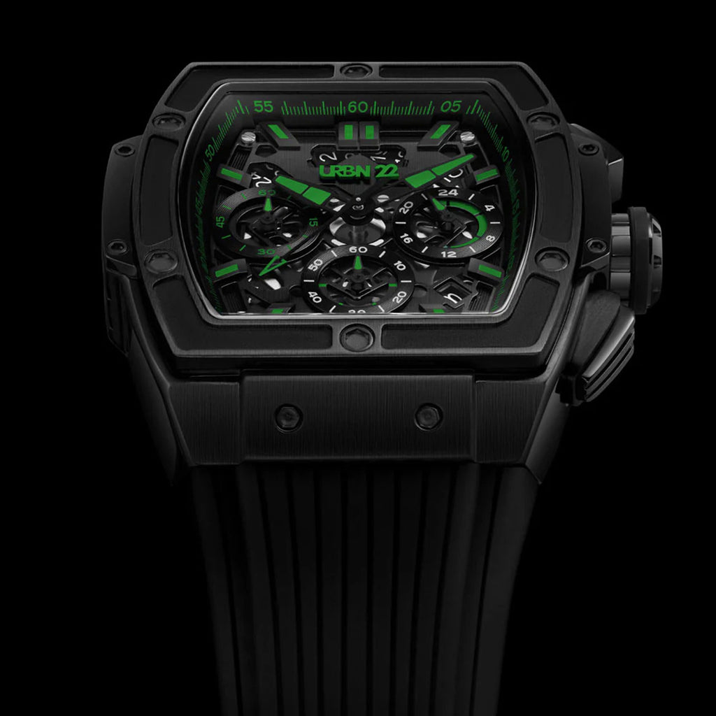 URBN22 Nuclear Green Japanese Quartz VD53 Chronograph 5ATM WR Black & Green Dial & Black Case Mens Watch with Black Silicone Strap_8367933_1