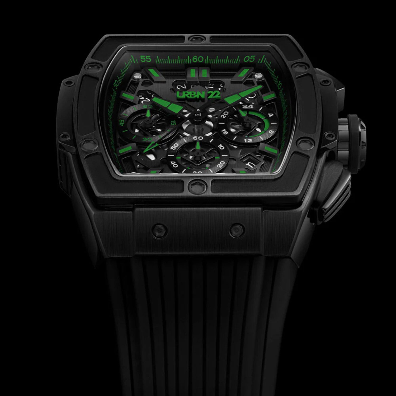 URBN22 Nuclear Green Japanese Quartz VD53 Chronograph 5ATM WR Black & Green Dial & Black Case Mens Watch with Black Silicone Strap_8367933_1