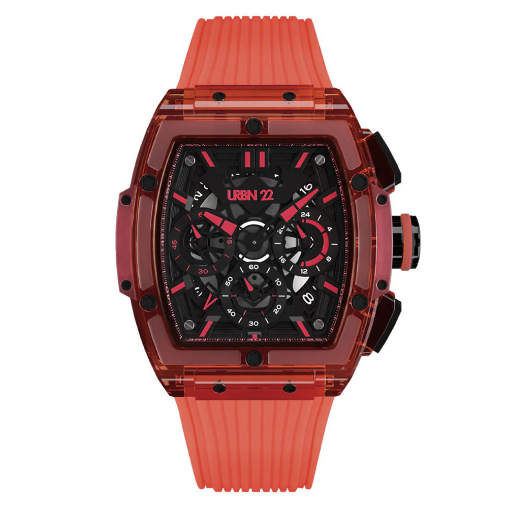 URBN22 Coral Red Japanese Quartz VD53 Chronograph 5ATM WR Black & Red Dial & Red Polycarbonate Case Mens Watch with Red Silicone Strap_8367956