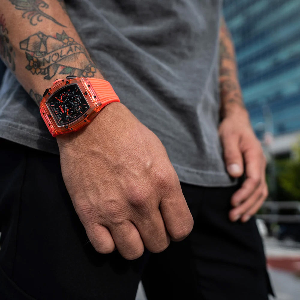 URBN22 Coral Red Japanese Quartz VD53 Chronograph 5ATM WR Black & Red Dial & Red Polycarbonate Case Mens Watch with Red Silicone Strap_8367956_1